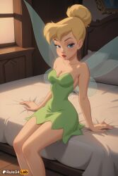 1girls ai_generated artist_name bare_shoulders bed bedroom blonde_hair blue_eyes breasts cleavage collarbone disney dress fairy fairy_wings green_dress hair_bun hi_res indoors looking_at_viewer makeup medium_breasts on_bed parted_lips peter_pan_(disney) pointy_ears ponytail rule34lab short_dress short_hair single_hair_bun sitting solo strapless strapless_dress tinker_bell window wings