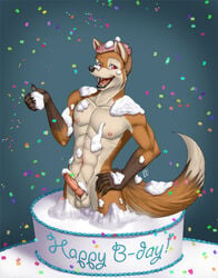 2008 anthro balls cake canine erection fluffy_tail food fox fur furry male male_only muscles penis pinkuh solo