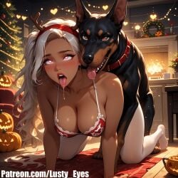 1boy 1girls ahegao ai_generated animal_genitalia animal_penis blonde_hair canine_genitalia canine_penis christmas_outfit dobermann feral_on_female lusty_eyes missionary missionary_position pantyhose skirt stockings vaginal_sex white_legwear zoophilia