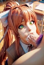 ai_generated blowjob brown_hair classroom cum cum_in_mouth doki_doki_literature_club green_eyes monika_(doki_doki_literature_club) tagme yuri_(doki_doki_literature_club)