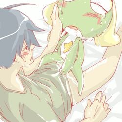 alien amphibian bed black_hair blonde_hair blush bottomless closed_eyes cowgirl_position cum drooling duo female frog fuyuki fuyuki_hinata green_body hair human keroro keroro_gunsou male open_mouth saliva size_difference skin straight tears unknown_artist