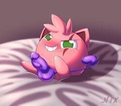 absurd_res bed blush bulge clothing clothing_pull creampuff_(tepigfan101) detailed_bulge eye_scar facial_scar furniture generation_1_pokemon genital_outline gloves green_eyes grinning_at_viewer hair hand_on_bulge handwear hi_res jigglypuff male masturbation nintendo nixkirb nixkirb18 no_humans on_bed penis_outline pokemon pokemon_(species) purple_clothing purple_gloves purple_handwear purple_underwear rubbing_penis scar sitting sitting_on_bed solo spiky_hair underwear underwear_pull waddling_head