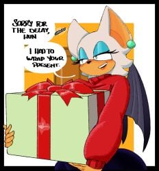 1girls 2024 anthro bat big_areola big_ass big_breasts big_nipples box breasts breasts breasts_bigger_than_head breasts_in_box christmas christmas_clothing christmas_outfit christmas_present comic comic_page comic_panel dialogue english english_commentary english_text gift gift_box gift_wrapped hidden huge_breasts inside pierced_nipples piercing piercings pov pov_eye_contact presenting presenting_breasts pressing_breasts pressing_breasts_together red_sweater rouge_the_bat simple_background smile smiling smiling_at_viewer smirk smirking sonic_(series) sonic_the_hedgehog_(series) surprise thedorodaddy tits_bigger_than_head unaware white_fur white_hair white_skin wide_hips