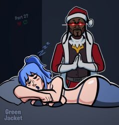 big_ass big_breasts blue_hair celebrity christmas christmas_outfit fortnite fortnite:_battle_royale glowing_eyes green_jacket_(artist) hope_(fortnite) meme parody sleeping snoop_dogg