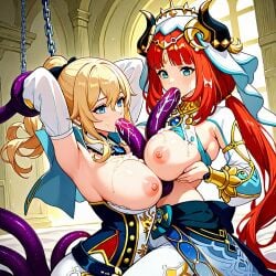 ai_generated blonde_hair blowjob blue_eyes boobjob chained chains cum cum_on_breasts fellatio genshin_impact green_eyes jean_gunnhildr long_hair nilou_(genshin_impact) paizuri ponytail red_hair restrained tentacle titjob