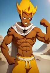 abs ai_generated biceps blush dark_skin flexing flexing_arms gay looking_at_viewer male male_only muscular muscular_male nipples orange_hair pecs smile toned_body toned_male tristepin twall97 wakfu