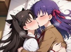 ai_generated black_hair blush closed_eyes fate_(series) french_kiss fully_clothed incest kissing making_out matou_sakura open_mouth pulling_clothing purple_hair sisters sweat tohsaka_rin tongue tongue_kiss yuri