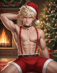 1boy abs ai_generated armpits bakugou_katsuki belt blonde_hair boku_no_hero_academia bsky_link bulge choker christmas christmas_clothing christmas_decorations christmas_hat christmas_outfit christmas_present christmas_tree dvxxxgrai fireplace katsuki_bakugou male male_only my_hero_academia nipples pixai pony_diffusion_xl pubic_hair red_eyes red_shorts santa_hat seated shorts smile solo solo_male spiked_hair suspenders tagme toned toned_body toned_male topless topless_male twitter_link white