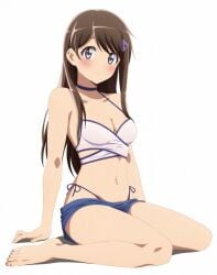 1girls bikini blue_eyes brown_hair class_rep_(hitoribocchi_no_isekai_kouryaku) cleavage cute female female_only hair_ornament hairclip hitoribocchi_no_isekai_kouryaku long_hair official_art partially_clothed sexy sitting sitting_on_floor swimsuit white_background