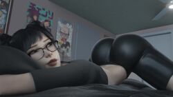 2024 3d animated big_ass black_hair bouncing_ass brown_eyes face_down_ass_up fat_ass female fully_clothed glasses highres laying_down laying_on_bed laying_on_stomach lipstick looking_at_viewer mp4 mslewd original original_character shorts smile solo tagme thick_thighs twin_buns video