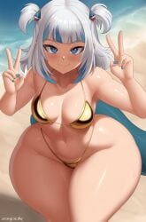 big_ass big_thighs bikini bottom_heavy bubble_butt gawr_gura gold_bikini hololive huge_ass huge_thighs large_ass large_thighs shark_girl shark_tail small_breasts wide_hips zaskart