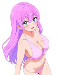 blue_eyes blush breasts fuufu_ijou_koibito_miman looking_at_viewer pink_bra pink_hair swimsuit watanabe_akari