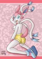 2020 absurd_res anthro anthrofied bottomwear breasts clothed clothing eeveelution female footwear generation_6_pokemon hi_res hushed-kitty kneeling long_ears looking_at_viewer looking_back looking_back_at_viewer nintendo pasties pink_tail pokemon pokemon_(species) pokemorph shoes shorts signature simple_background small_breasts solo sylveon tail topless white_body yellow_bottomwear yellow_clothing yellow_shorts