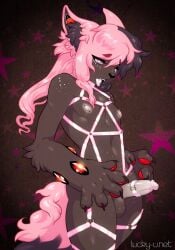 <3_eyes bound fox furry hair inner_ear_fluff navel pattern_background pink_hair purple_hair signature tongue