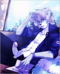 akaro blue_eyes blue_fur character_request copyright_request ear_piercing facial_piercing fluffy grey_fur jacket male male_only muscles ookami-kun penis police purple_eyes raccoon solo testicles white_fur