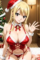 ai_generated bed bedroom big_breasts blonde_hair brown_hair choker christmas christmas_clothing christmas_outfit christmas_tree earrings fairy_tail female half_naked huge_breasts indoors long_hair looking_at_viewer lucy_heartfilia omega_weirdo patreon pov seductive seductive_pose solo_female wave waving_at_viewer