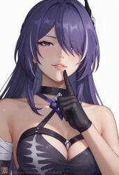 acheron_(honkai:_star_rail) ai-assisted ai_generated bandages bangs bare_shoulders between_breasts black_bra black_choker black_clothes black_gloves black_underwear blush bra breasts choker cleavage cleavage_cutout clothing clothing_cutout female female_only finger_to_mouth gloves guns_girlz_(series) hair_over_one_eye high_resolution honkai:_star_rail hoyoverse index_finger_raised jenneth_blackray jewelry lips long_hair looking_at_viewer looking_down medium_breasts mihoyo_technology_(shanghai)_co._ltd. multicolored_hair necklace parted_lips portrait purple_eyes purple_hair shushing smile solo streaked_hair symbol-shaped_pupils underwear uneven_gloves upper_body viewed_from_below