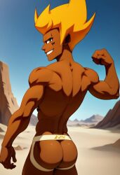 ai_generated ass back biceps blush dark_skin flexing flexing_arms gay jockstrap jockstrap_only looking_at_viewer looking_back male male_only muscular muscular_male orange_hair smile toned_body toned_male tristepin twall97 wakfu