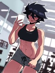 abs black_hair blush gym reimi_(tinafate) selfie the_dragon_tamer tinafate1