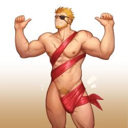 1boy abs bara biceps blonde_hair bulge christmas eyepatch feet_out_of_frame gyee highres kulolin male_focus manly markus_(gyee) mature_male meme muscular muscular_male nipples nude nude_guy_wrapped_in_ribbons_standing_(meme) pectorals penis_base pubic_hair ribbon scar scar_on_face simple_background smirk solo spiked_hair teeth thick_arms thick_eyebrows thick_thighs thighs yellow_eyes