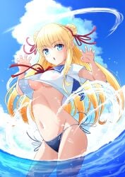 bikini blonde_hair blue_eyes blue_panties blue_sailor_collar claudina_skylark_(mousugu_natsuyasumi!_2) cloudy_sky double_bun large_breasts light_blush long_hair meganededekitei midriff mousugu_natsuyasumi!_2 navel no_bra open_mouth paw_pose pink_ribbon red_ribbon sailor_collar side-tie_panties standing_on_liquid underboob white_serafuku