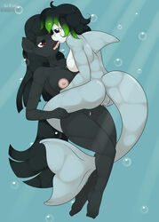 2013 anthro black_hair breasts couple cum equine eyes_open female fin fish friendship_is_magic green_hair hair horse human_feet kissing kloudmutt licking marine my_little_pony nila nilapony nipples nude oral tongue underwater vixys water yuri