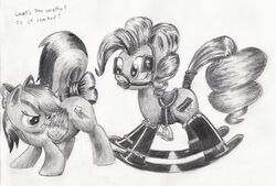 2013 bit_gag blinder bondage bound bow bridle cutie_mark duo english_text equine female feral friendship_is_magic gag horse kitsuneymg looking_back monochrome my_little_pony pegasus pinkie_pie_(mlp) pony rainbow_dash_(mlp) raised_tail rocking_horse saddle saliva tail_wrap text traditional_media wings