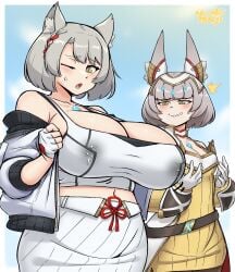 2024 2girls absurd_res alternate_breast_size alternate_version_available big_breasts breast_envy breasts cat_ears catgirl envy female_focus female_only grey_hair huge_breasts lactation lactation_through_clothes mio_(xenoblade) nia short_hair small_breasts sweatdrop sweating top_heavy tsukiji xenoblade_(series) xenoblade_chronicles_3 yellow_eyes