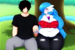 1boy 1boy1girl 1girls ai_generated anthro bbw belly_button belly_fat black_hair black_pants black_shirt blue_hair blush closed_eyes crop_top day denim denim_jeans erect_nipples fat female gardevoir generation_3_pokemon grass grass_field grey_pants holding holding_hands human humanoid interlocked_fingers jeans large_breasts navel necklace pants pokemon question_mark river shiny_gardevoir shiny_pokemon sitting sitting_under_tree sleeping smile smiling tree wholesome