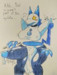 absurd_res anthro ball_sag balls big_balls big_penis blush bodily_fluids bottomwear button_(fastener) clothing cum cum_drip darkner deltarune dialogue dripping erect_nipples erection felineflustered floating_hands floating_torso genital_fluids genital_growth genitals growth gynomorph hi_res huge_balls huge_cock hyper hyper_balls hyper_genitalia hyper_penis intersex latex_body loincloth nipple_outline nipples no_pupils onomatopoeia penis penis_growth robot_anthro shoulder_pads solo sound_effects surprised_expression sweat sweatdrop tasque_manager text throbbing throbbing_balls throbbing_penis traditional_media_(artwork) undertale_(series) wardrobe_malfunction yellow_eyes