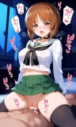 1boy 1girls ai_generated bed bedroom choker cowgirl_position cum cum_in_pussy cum_inside girls_und_panzer midriff motion_lines night nishizumi_miho ooarai_school_uniform pixai riding self_upload serafuku sex sex_from_behind tagme vaginal_penetration