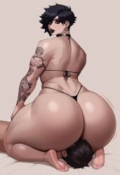 2boys 2males ai_generated ass ass_focus ass_on_face axred7_(style) big_ass big_butt black_hair earring emo face_in_ass facesitting fat_ass femboy femboy_focus from_behind goth huge_ass huge_butt looking_at_viewer male/male male_focus male_only maledom short_hair sitting_on_another sitting_on_face tattoo thong