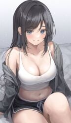 ai_generated bed bedroom black_hair blue_eyes blush booty_shorts breasts busty original_character short_shorts sweater tank_top white_shirt