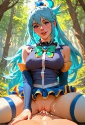 ai_generated aqua_(konosuba) blue_eyes blue_hair cowgirl_position cum_in_pussy cum_inside forest kono_subarashii_sekai_ni_shukufuku_wo! sex tagme vaginal_sex