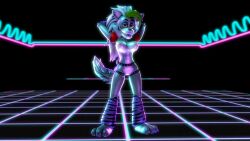 3d 4k animatronic arms_up belt dark_room disboi215 earrings five_nights_at_freddy's five_nights_at_freddy's:_security_breach fnaf furry green_hair grey_body hands_behind_head highres lipstick looking_at_viewer naked naked_female neon_lights pink_nipples purple_lipstick robot roxanne_wolf_(fnaf) sfm shiny_body shiny_skin silver_body silver_hair source_filmmaker spiked_belt yellow_eyes