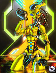 abstract_background anthro blue_eyes breasts female liquidmark looking_at_viewer machine mechanical nude oil pussy robot solo standing yellow_body