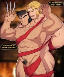 2boys abs absurdres arm_hair arms_up ass ass_hair bara black_hair blonde_hair bound_together chest_hair claw_(weapon) closed_mouth covered_penis cowboy_shot english_commentary english_text facial_hair fangs hairy height_difference highres large_pectorals male_focus male_pubic_hair marvel meme multiple_boys muscular muscular_male naked_ribbon nipples nude_guy_wrapped_in_ribbons_standing_(meme) pectorals pubic_hair ribbon sabertooth_(x-men) short_hair speech_bubble stubble teeth twitter_username vvulfbara weapon wolverine_(x-men) x-men yaoi