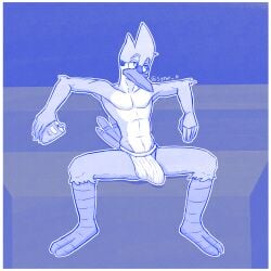 1:1 absurd_res anthro avian beverage big_bulge bird border bulge cartoon_network clothing hi_res jock jockstrap male monochrome mordecai_(regular_show) regular_show soda solo syforg underwear white_border