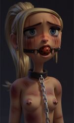 3d ai_generated ball_gag blonde_hair blue_eyes bruise bruised bruises chain_leash chained collar courtney_babcock crying drooling naked nipple_piercing p0rtal_w0mbat paranorman ponytail ryona small_breasts