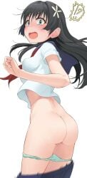 !? 1girl black_hair blush embarrassed embarrassed_nude_exposure enf flower_hair_ornament k3rd looking_back modest panties panties_down pantsed pantsing saten_ruiko shocked_expression simple_background skirt_down to_aru_kagaku_no_railgun to_aru_majutsu_no_index white_background