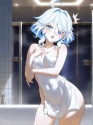 :o ^^^ absurd_res ahoge ai_generated bare_shoulders bath bathing bathroom bathtub blue_eyes blue_hair blue_pupils blush breasts cleavage collarbone contrapposto covered_navel covering_privates cowboy_shot cowlick drop-shaped_pupils female furina_(genshin_impact) genshin_impact hair_between_eyes hair_intakes heterochromia holding_towel indoors light_blue_hair looking_at_viewer medium_breasts ministro mismatched_pupils multicolored_hair naked_towel night nude nude_cover open_mouth short_hair shower sidelocks small_breasts solo standing steam streaked_hair surprised teeth thighs tile_wall tiles towel two-tone_hair upper_teeth_only water wet white_hair white_towel window