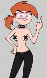 ai_generated black_pants collar middle_finger nickelodeon orange_hair p0rtal_w0mbat pasties perky_breasts pink_eyes small_breasts spiked_collar the_fairly_oddparents vicky_(fairly_odd_parents)