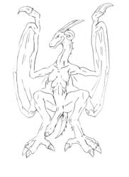 4_toes anthro breasts claws demon-man dragon erection futanari horn intersex monochrome multi_breast muscles nipples nude penis spikes talons wings