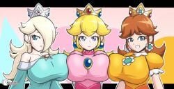 3girls alternate_version_available big_breasts blonde_hair blue_dress blue_eyes breasts breasts_bigger_than_head breasts_to_breasts brown_hair crown dress earrings gem gemstone gold_crown luckerabbit6 luckerabbit9 mario_(series) mrlucke nintendo orange_dress pink_dress princess_daisy princess_peach princess_rosalina sexy silver_crown super_mario_bros. super_mario_galaxy super_mario_land tagme