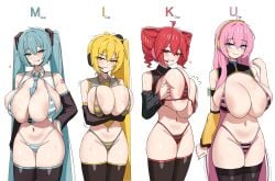 4girls :> ahoge akita_neru alternate_breast_size angry aqua_bikini aqua_eyes aqua_hair aqua_nails aqua_necktie aqua_trim areola_slip arm_tattoo arm_up arms_under_breasts between_breasts bikini black_bikini black_ribbon black_shrug black_sleeves blonde_hair blush breasts breasts_squeezed_together brown_thighhighs cleavage closed_mouth collared_shrug crossed_arms cup_size detached_sleeves dotthebot drill_hair grey_bikini grey_shrug groin hair_between_eyes hair_ribbon hand_on_own_hip hatsune_miku hatsune_miku_(collared_bikini) headphones highres huge_breasts kasane_teto long_hair long_sleeves looking_at_viewer medium_hair megurine_luka micro_bikini microphone midriff multicolored_bikini multicolored_clothes multiple_girls nail_polish navel necktie necktie_between_breasts pink_bikini pink_eyes pink_hair red_bikini red_eyes red_hair red_trim ribbon shrug_(clothing) side_ponytail simple_background skindentation sleeves_past_wrists smile stomach striped_bikini striped_clothes sweat swimsuit tattoo thighhighs thighs tongue tongue_out twin_drills twintails two-tone_bikini utau very_long_hair vocaloid white_background white_shrug yellow_bikini yellow_eyes yellow_necktie yellow_sleeves yellow_trim