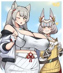 2024 2girls absurd_res alternate_breast_size alternate_version_available big_breasts breast_envy breasts cat_ears catgirl envy female_focus female_only grey_hair huge_breasts lactation lactation_through_clothes long_hair mio_(xenoblade) nia short_hair small_breasts sweatdrop sweating top_heavy tsukiji xenoblade_(series) xenoblade_chronicles_3 yellow_eyes