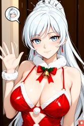 ai_generated bell_choker big_breasts blue_eyes blush christmas christmas_clothing christmas_outfit cleavage female hair_ornament indoors long_hair looking_at_viewer omega_weirdo patreon ponytail rwby rwby_ice_queendom seductive seductive_look smile smiling_at_viewer solo_female waving waving_at_viewer weiss_schnee white_hair