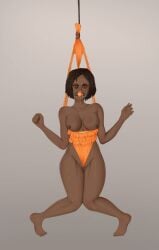 angry_expression barefoot black_woman bondage dark-skinned_female dreadlocks drooling frilly_panties orange_ball_gag orange_panties sister_sage_(the_boys) sole_female sunglasses the_boys topless wedgie