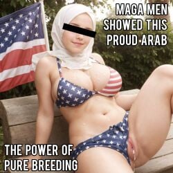 ai_generated big_breasts bikini breasts caption covered_in_cum cum_in_pussy cum_on_body cum_on_breasts cum_on_face degradation flag flag_bikini hijab maga outdoors outside presenting_pussy pussy raceplay solo solo_female submissive_female