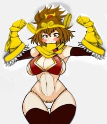 1girls arms_up belly belly_button bikini blush brown_eyes brown_hair bulging_breasts circlet color digital_media_(artwork) galaxy_gals gauntlets kuu_(battle_cats) kuu_chaz7hu3hp5 large_breasts light_skin looking_at_viewer muscular muscular_female nyanko_daisensou overflowing_breasts panties ponytail smile teenager the_battle_cats thick_thighs thigh_gap thighhighs thighs wide_hips